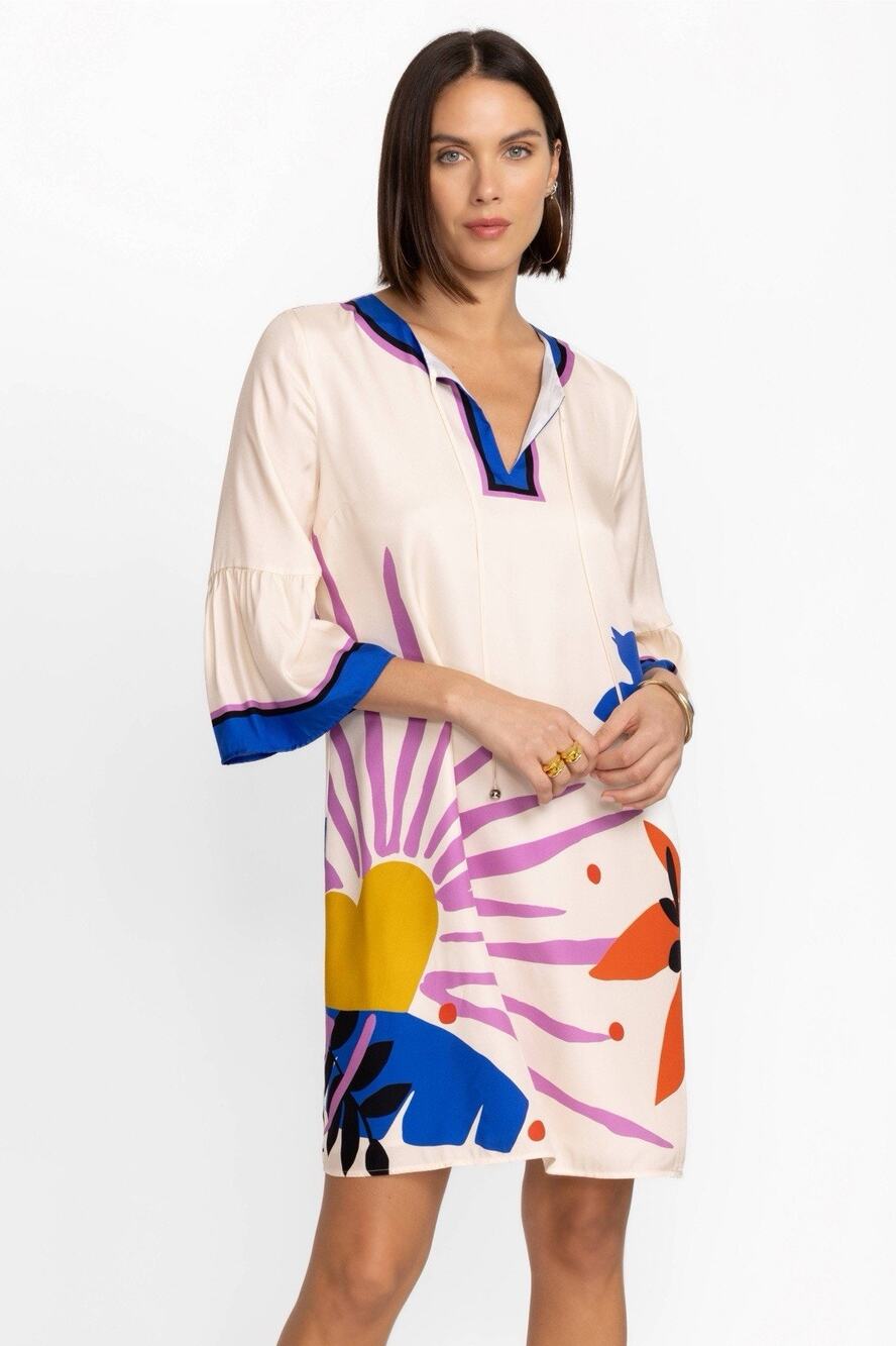 Jade by Johnny Was Lorianne Silk Blend Printed Sunshine Dress Cream XS